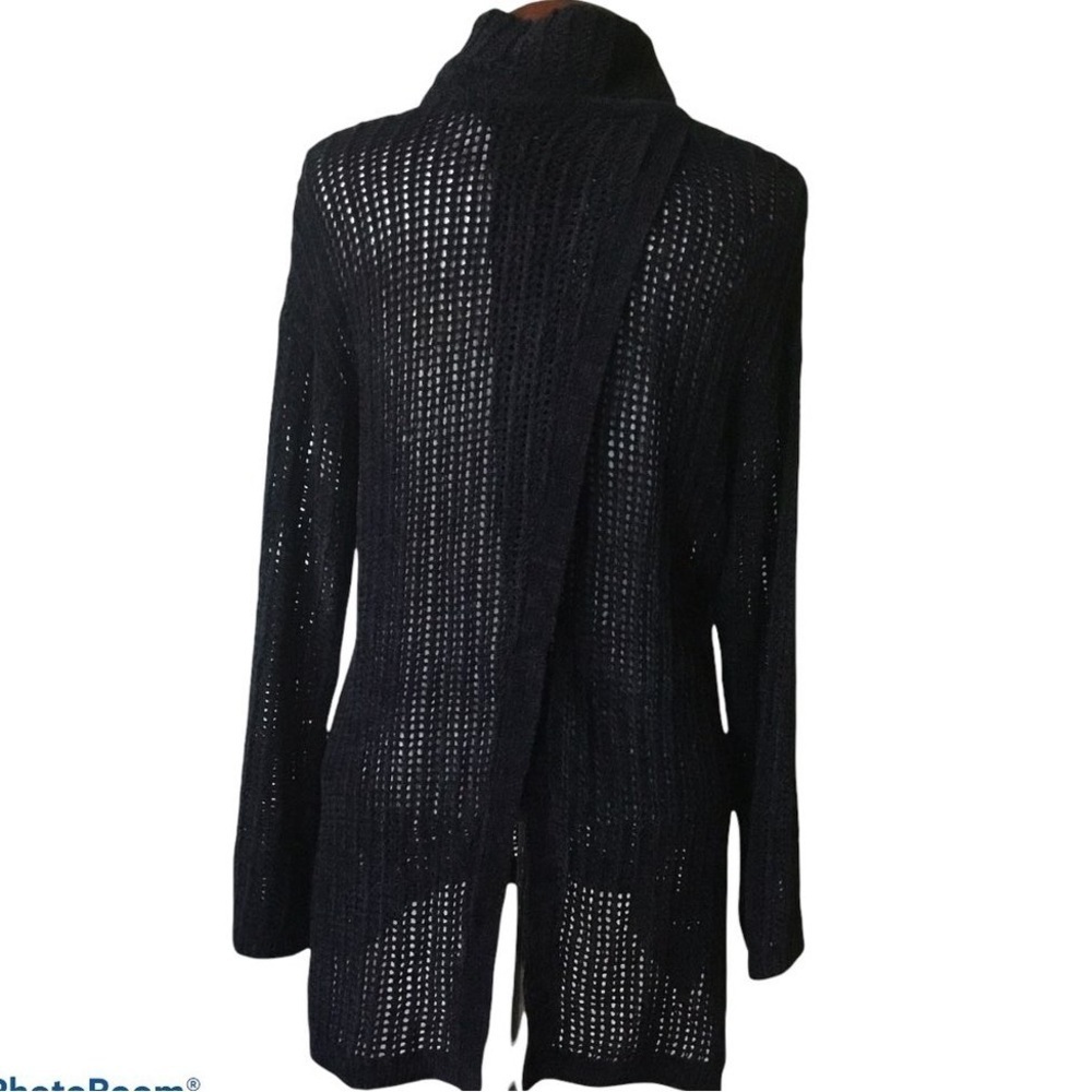 Elie Tahari Open Back Knit Fishnet Mock Neck Sweater Black Sz L Boho Lagenlook
